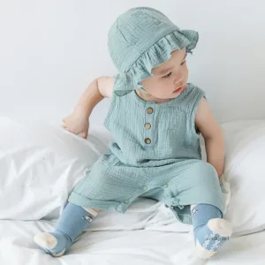 Toddler Boys Girls Set Summer Rompers+hat Solid Sleeveless Organic Cotton Button Romper Jumpsuits Unisex Infant Baby Clothes