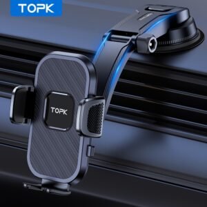 TOPK Upgraded Car Phone Holder Mount for Dashboard - Adjustable Arm with Ergonomic Grip, Secure Suction Cup & Oval Design, Compatible with iPhone, Samsung, Android Smartphones, Phone Mount for Car, Vehicle Accessory, Sleek Gadget, Textured Grip Pad