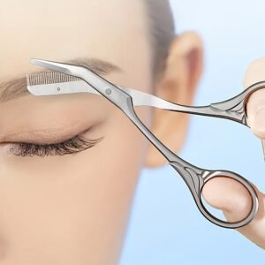 Professional Stainless Steel Eyebrow Trimmer Scissors - Ambidextrous Precision Grooming Tool, Hypoallergenic Blades for Sensitive Light Beige, Ergonomic Design for Right/Left Hand Use, Unisex Beauty Tool | Sleek Metallic Finish | Polished Finish