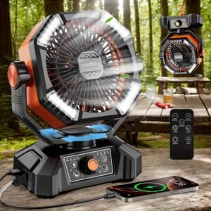 20000mAh Dual Motor Battery Powered 8 Speed Desk Fan with 4 LED Lanterns, Remote Control, and Hook for Portable Outdoor Use in Tent, Power Outage, Construction Site