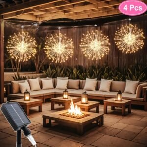 4pcs Hanging Solar Powered Outdoor Firework Lights, 240/360 LED Sparkling Starburst Sphere Lights, Warm White/Multicolor/White, 8 Modes Copper Wire Fairy Lights For Patio, Umbrella, Eave, Garden, Tree, Tent, Christmas DecorationDecoration