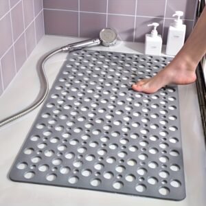 Non-Slip Bathroom Mat with Suction Cups, Quick-Dry Shower Pad with Circular Hole Design, Massage Rings, Ideal for Home and Hotel Bathrooms, Bathtubs - 43x75cm, Gray, Hotel Bathroom Essentials|Massage Bath Mat|Durable Shower Pad, Bath Mats for Bathroom