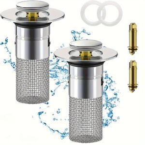 2pcs Stainless Steel Pop-Up Bathroom Sink Stopper with Hair Catcher & Drain Filter, Fits 1.1-1.29 Inch Drains, Easy Clean Design for Kitchen & Bathroom Sinks, Bathroom Sink Drain Stopper